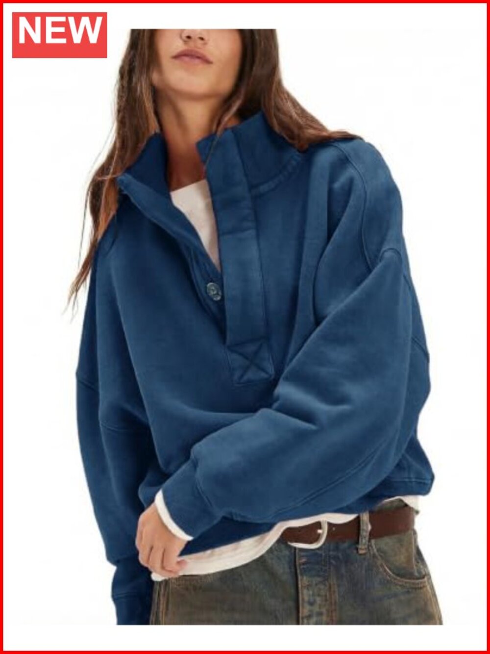 Oversized Henley Neck Long Sleeve Button Pullover Sweatshirt